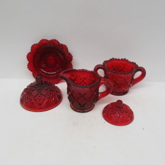 Westmoreland Glass Red FAN and FILE Childs Butter Dish, Creamer, Sugar and Lid - Picture 3 of 5
